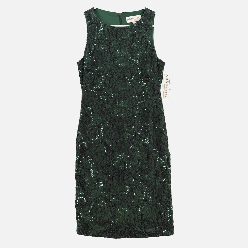Philosophy‎ Dress Womens 2 Green Sequin Paisley Lace Sheath Mini Party NWT